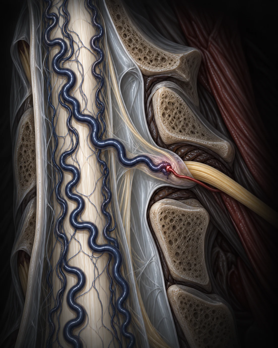 AI-assisted posterior-oblique thoracic cutaway showing one compact exiting nerve-root complex, one red radiculomeningeal arterial feeder entering a dural root-sleeve shunt, one enlarged intradural radicular draining vein and tortuous perimedullary veins on the spinal cord