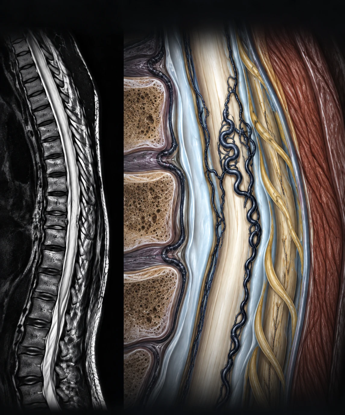 AI-assisted composite teaching image with a synthetic sagittal heavily T2-weighted MRI-style panel and an anatomical cutaway of dilated perimedullary veins