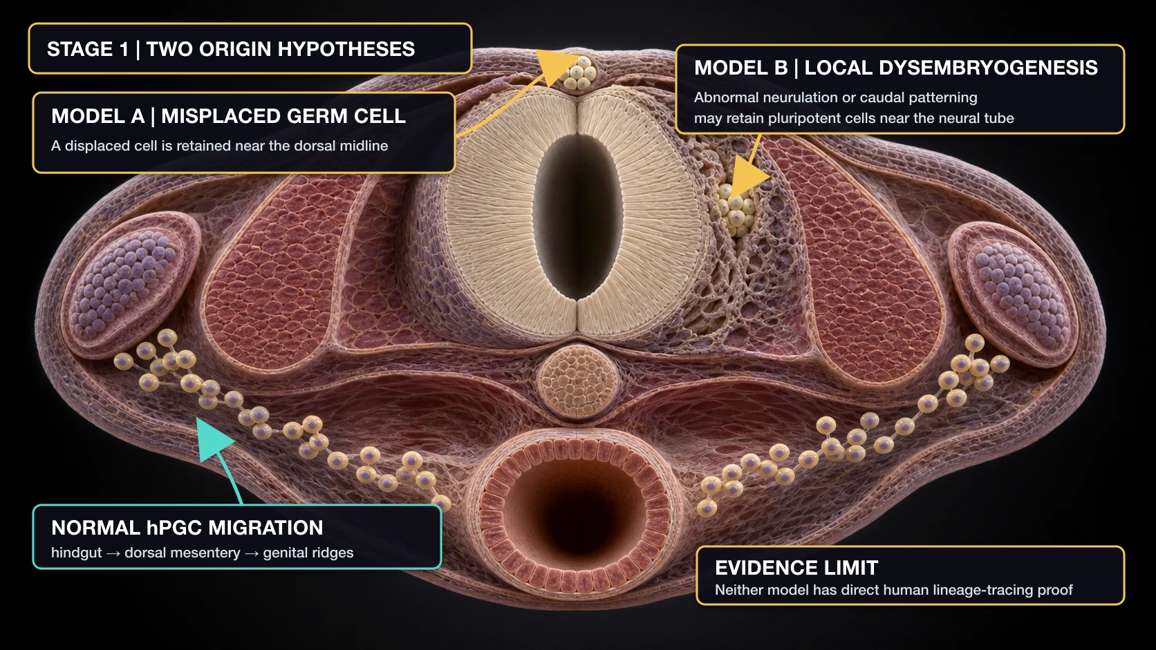 English-annotated AI-assisted illustration of two unproven developmental models for spinal teratoma