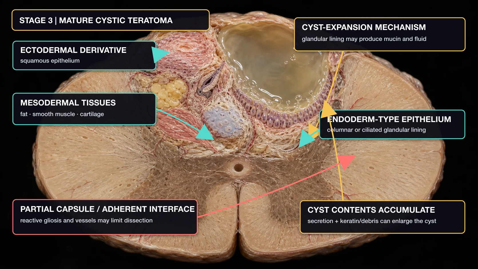English-annotated AI-assisted mature intramedullary teratoma showing squamous epithelium, fat, muscle, cartilage, a cystic cavity, glandular epithelium, and an adherent interface