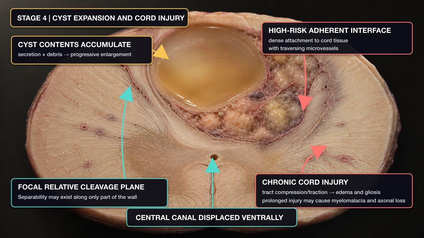 English-annotated AI-assisted spinal cord cross-section showing a large mature cystic teratoma, a focal relative cleavage plane, a high-risk adherent interface, compressed white-matter tracts, and ventral displacement of the central canal
