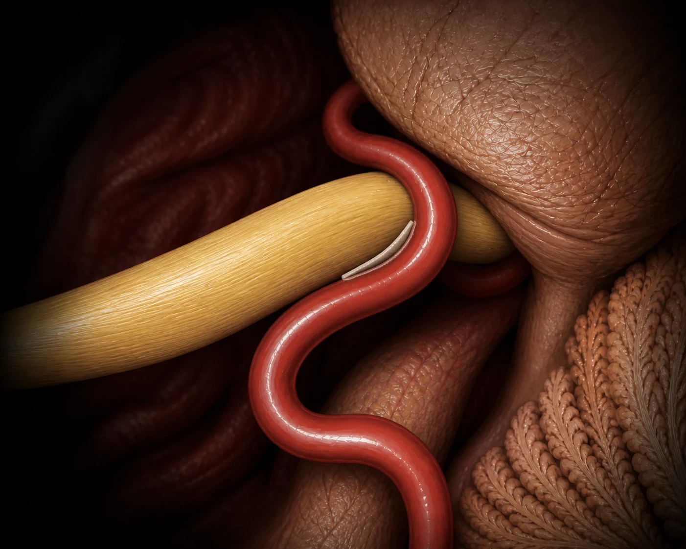 AI-assisted illustration showing a red artery separated from the yellow trigeminal nerve by one small thin off-white interposition pledget