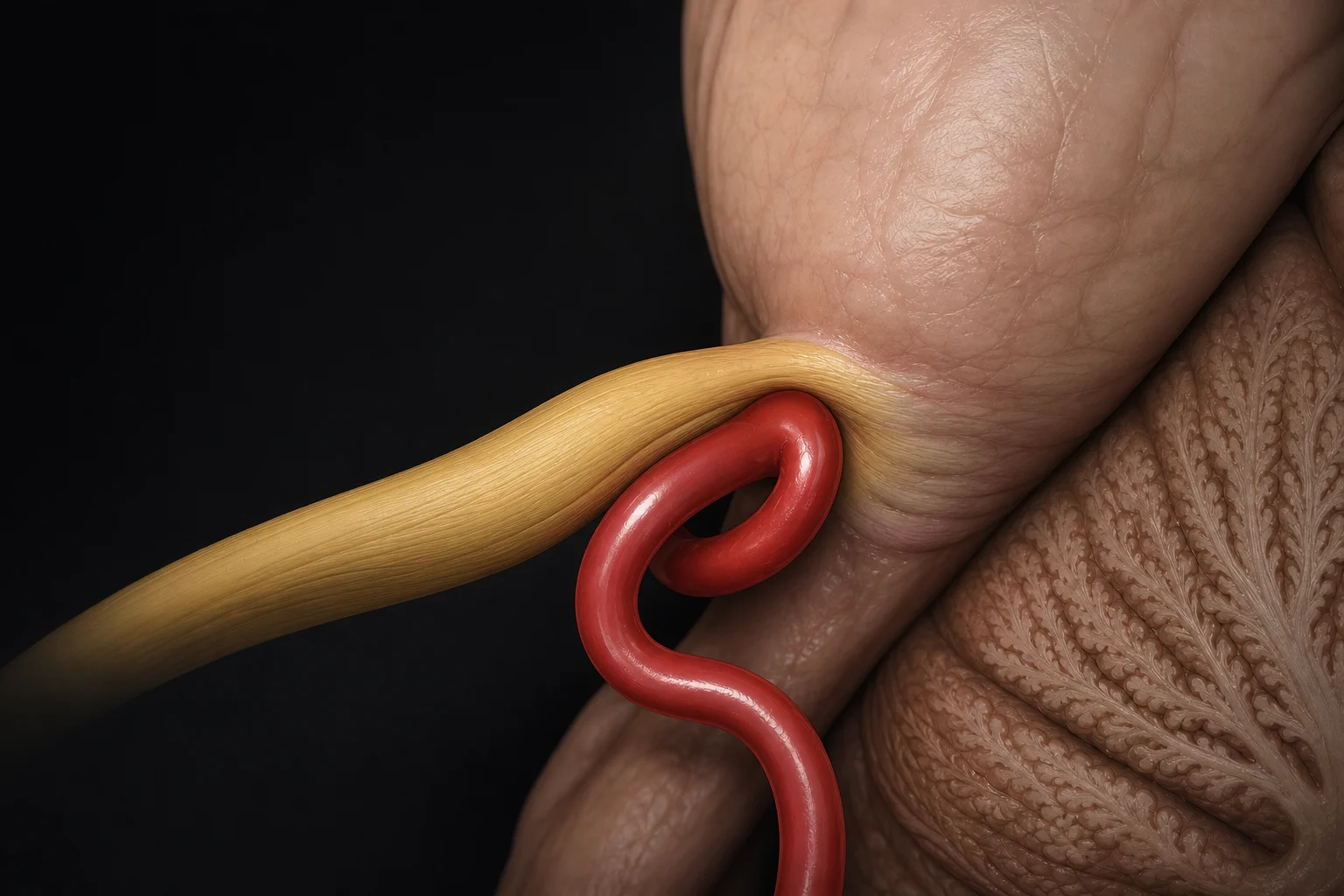 AI-assisted illustration showing a red arterial loop indenting a single yellow trigeminal nerve close to the lateral pons